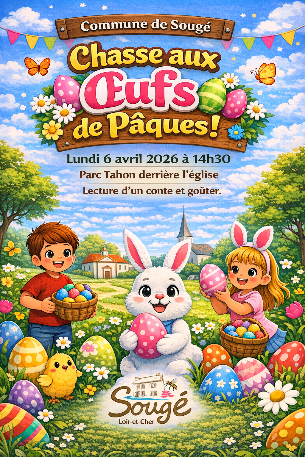  Chers parents, La commune a le plaisir d’organiser une chasse aux œufs spécialement dédiée aux enfants de nos écoles. Cet événement se déroulera le lundi 6 avril à partir de 14h30, au parc Tahon derrière l'église. Les enfants pourront partir à la recherche de délicieux œufs en chocolat dans une ambiance festive et conviviale. Nous vous invitons à accompagner vos enfants pour partager ce moment de joie. Pensez à prévoir une tenue adaptée et, si besoin, un petit panier pour la récolte. Nous espérons vous voir nombreux pour célébrer ensemble ce moment gourmand ! Cordialement, L’équipe municipale
